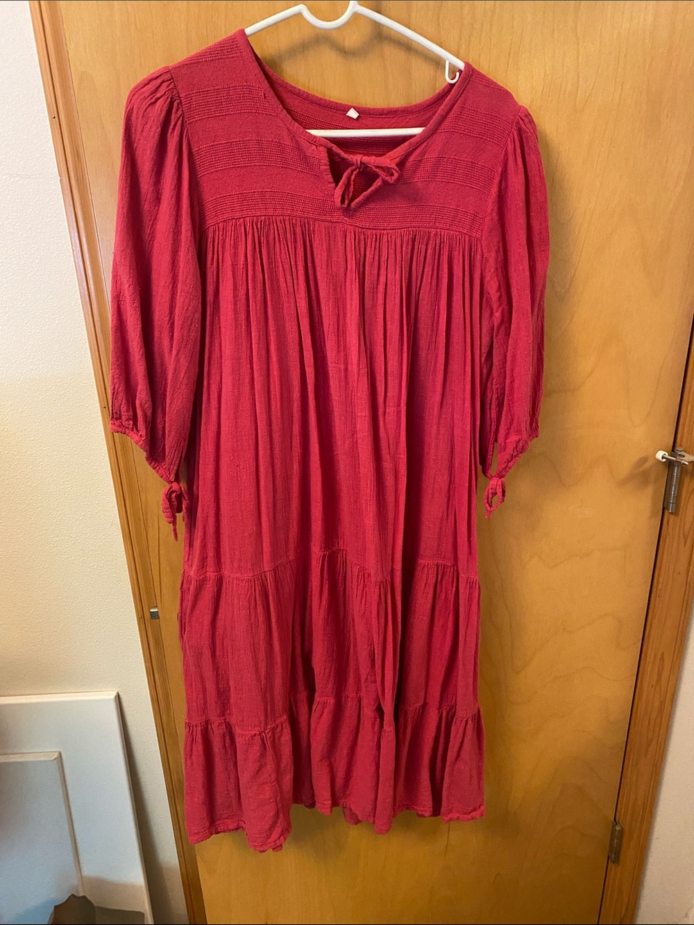 Women's Red Tiered Maxi Dress with Tie Neck